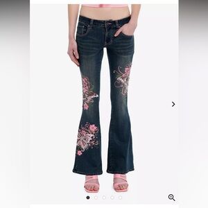 Hot Topic Blue Jeans with Pink Floral Accents